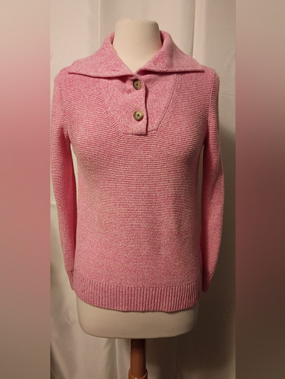 Talbot's Heathered Pink Button Collar Ribbed Cotton Knit Sweater Top Sz Small P